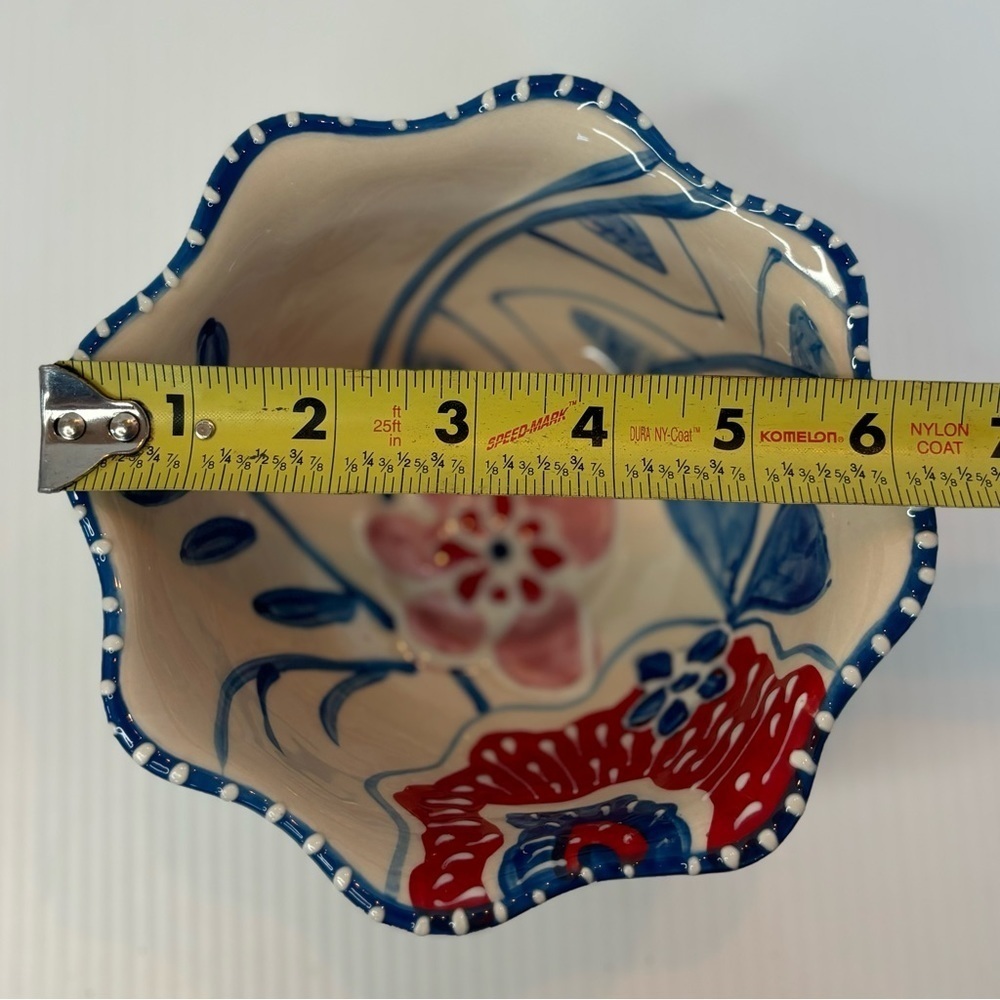 Blue Sky Ceramics Pedestal Scalloped Bowl Heather Goldminc RED BLUE FLOWERS - Picture 9 of 9